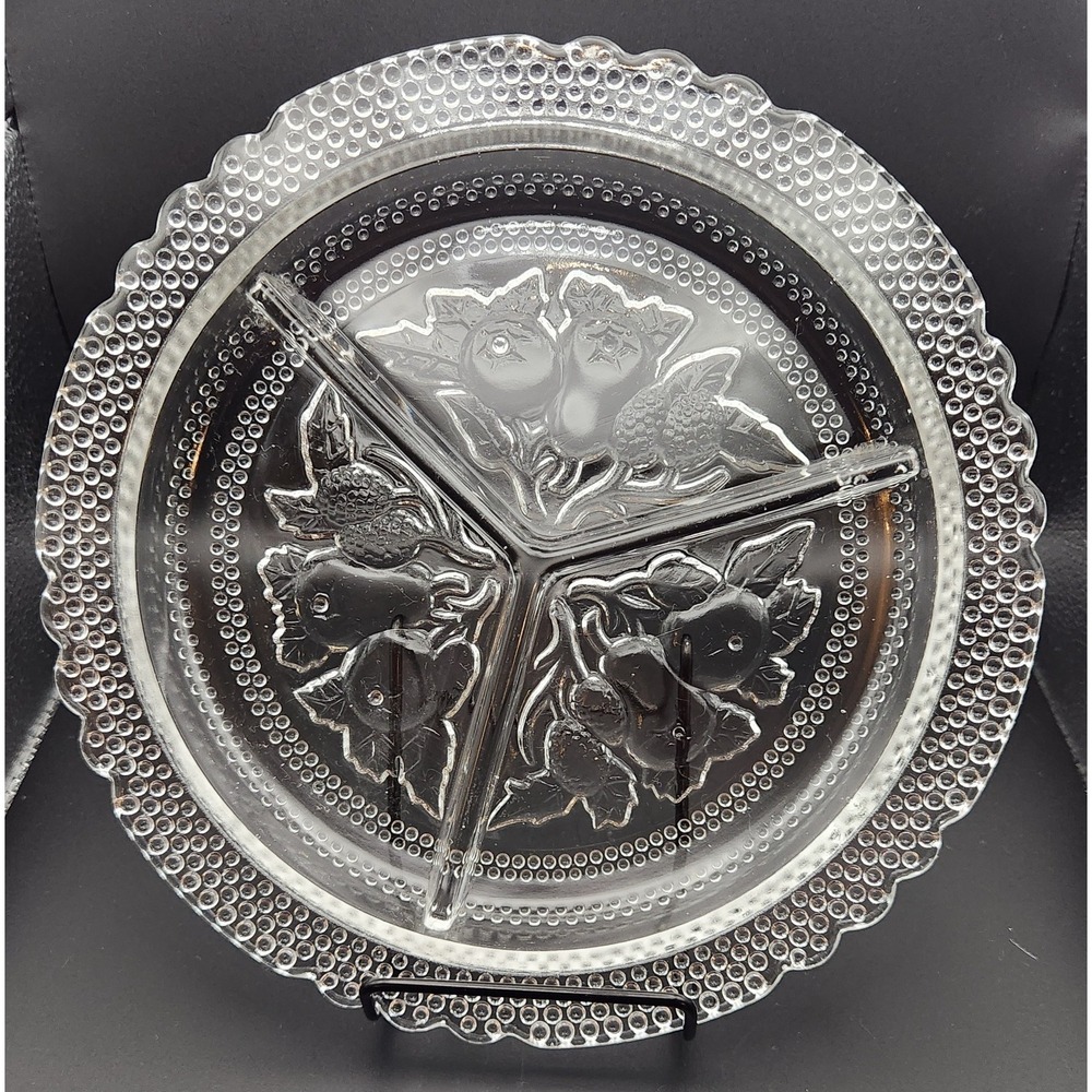 Vintage Imperial Glass Intaglio Frosted Fruit 3 Section Divided Relish Dish